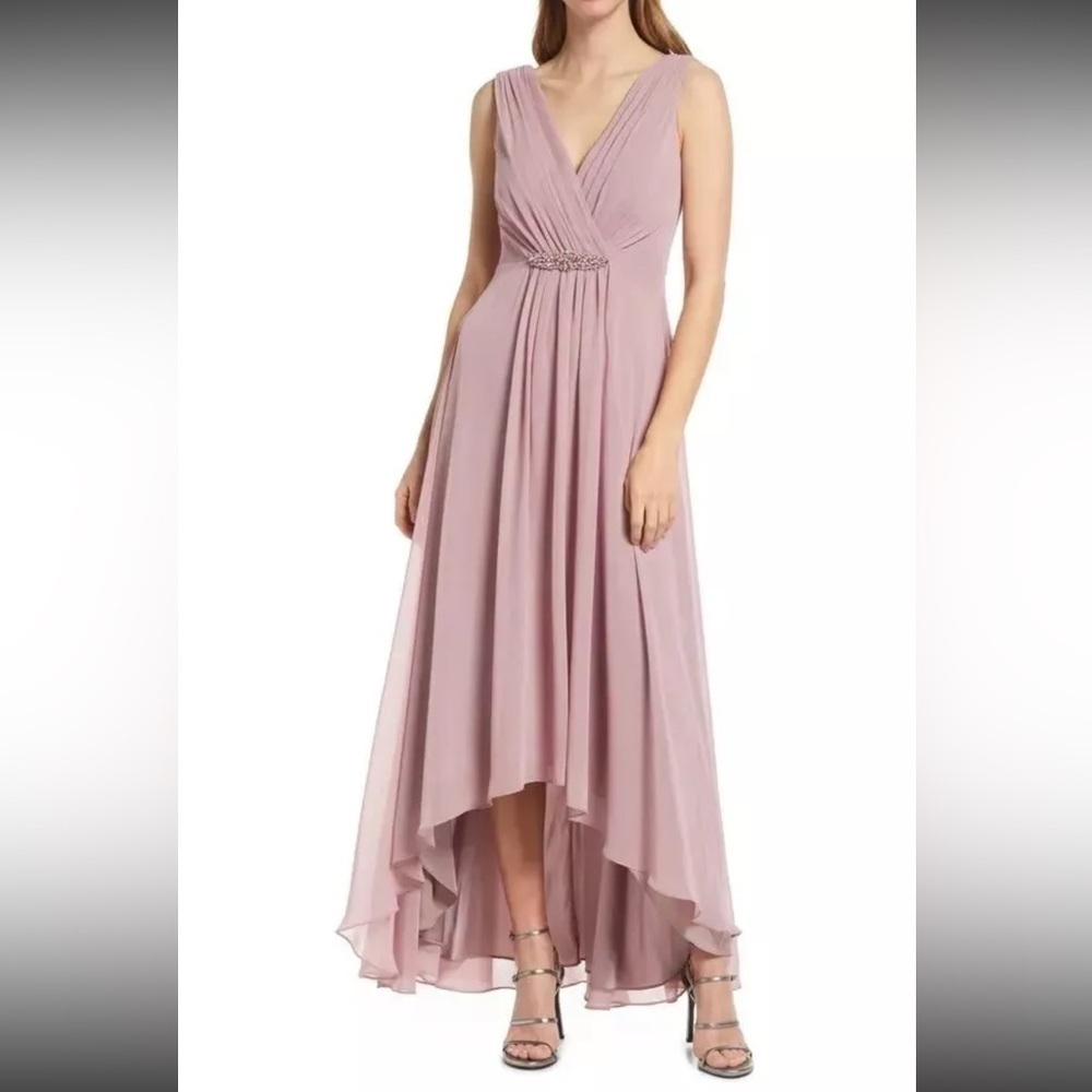 Eliza J Pleated Embellished High-Low Gown rose pink size 6 NWT